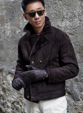 CM那不勒斯皇后枣棕色法国羔羊皮皮毛一体短款海军外套夹克