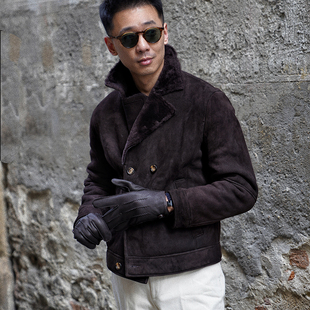 CM那不勒斯皇后枣棕色法国羔羊皮皮毛一体短款 海军外套夹克