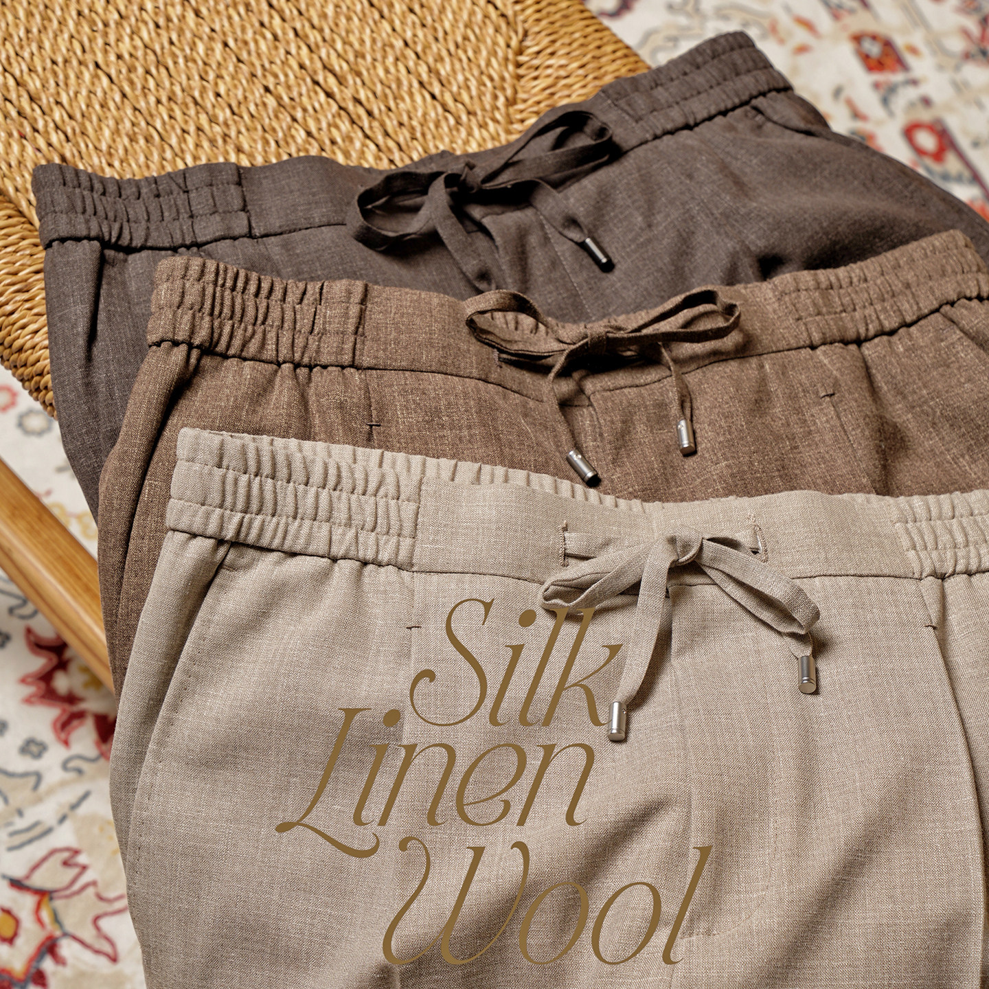 CM那不勒斯皇后花纱混色丝毛麻混纺春夏抽绳中高腰休闲西裤