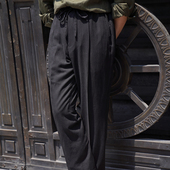 CM那不勒斯皇后墨黑色天丝棉麻混纺春夏抽绳中高腰休闲西裤 452