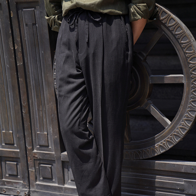 CM那不勒斯皇后墨黑色天丝棉麻混纺春夏抽绳中高腰休闲西裤452