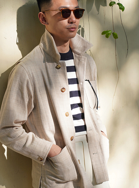 CM那不勒斯皇后经典燕麦色人字纹棉麻混纺法式五袋工装翻领夹克72