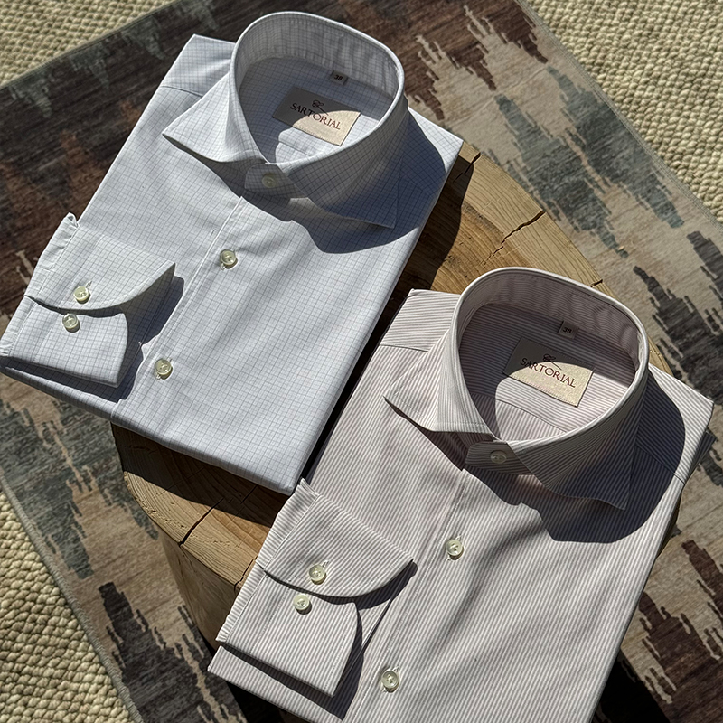 CM那不勒斯皇后浅卡其超细条/经典小窗格高支全棉休闲衬衫447/441