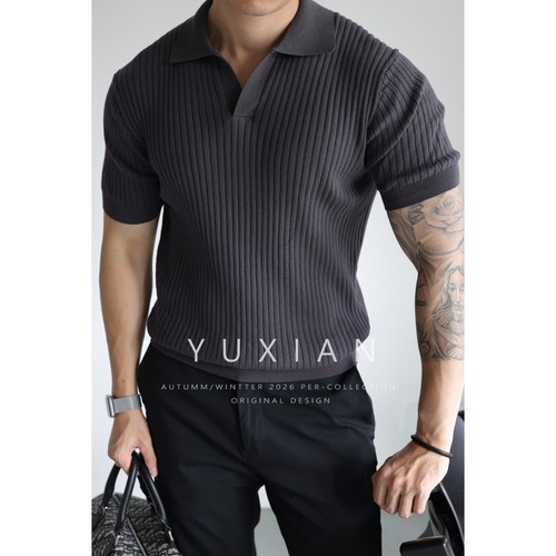 YUXIAN美式复古海鸥领针织短袖