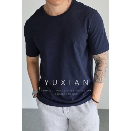 YUXIAN亚麻棉圆领凉感短袖T恤男