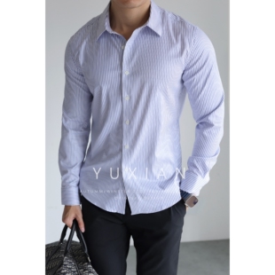 YUXIAN易打理爽滑免烫条纹休闲商务长袖衬衫抗皱男士通勤衬衣春夏