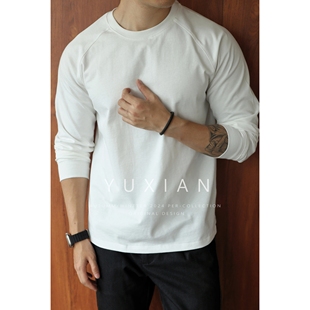 春夏四季 YUXIAN美式 T恤纯色圆领男士 插肩袖 重磅300克纯棉双纱长袖