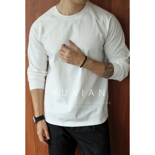 YUXIAN长袖美式复古纯棉T恤