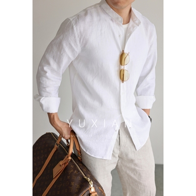 YUXIAN意式100%亚麻长袖立领衬衫