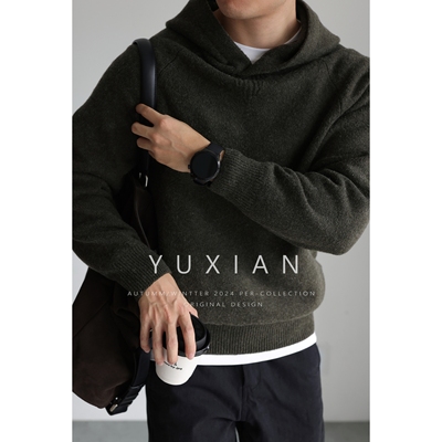 YUXIAN羊毛磨毛连帽套头针织卫衣