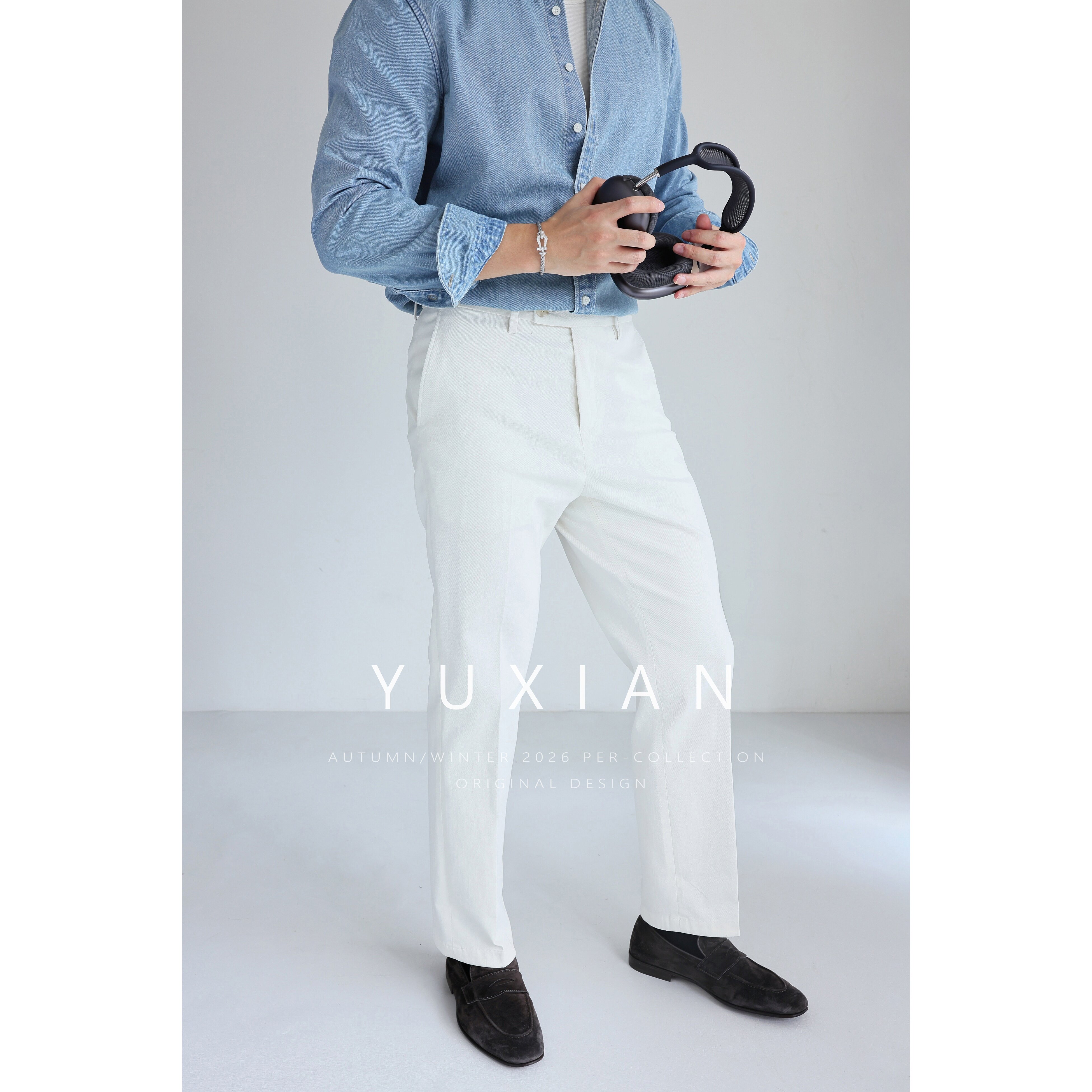 YUXIAN意式老钱纯棉斜纹抗皱耐磨纯色直筒商务休闲长裤西裤男四季