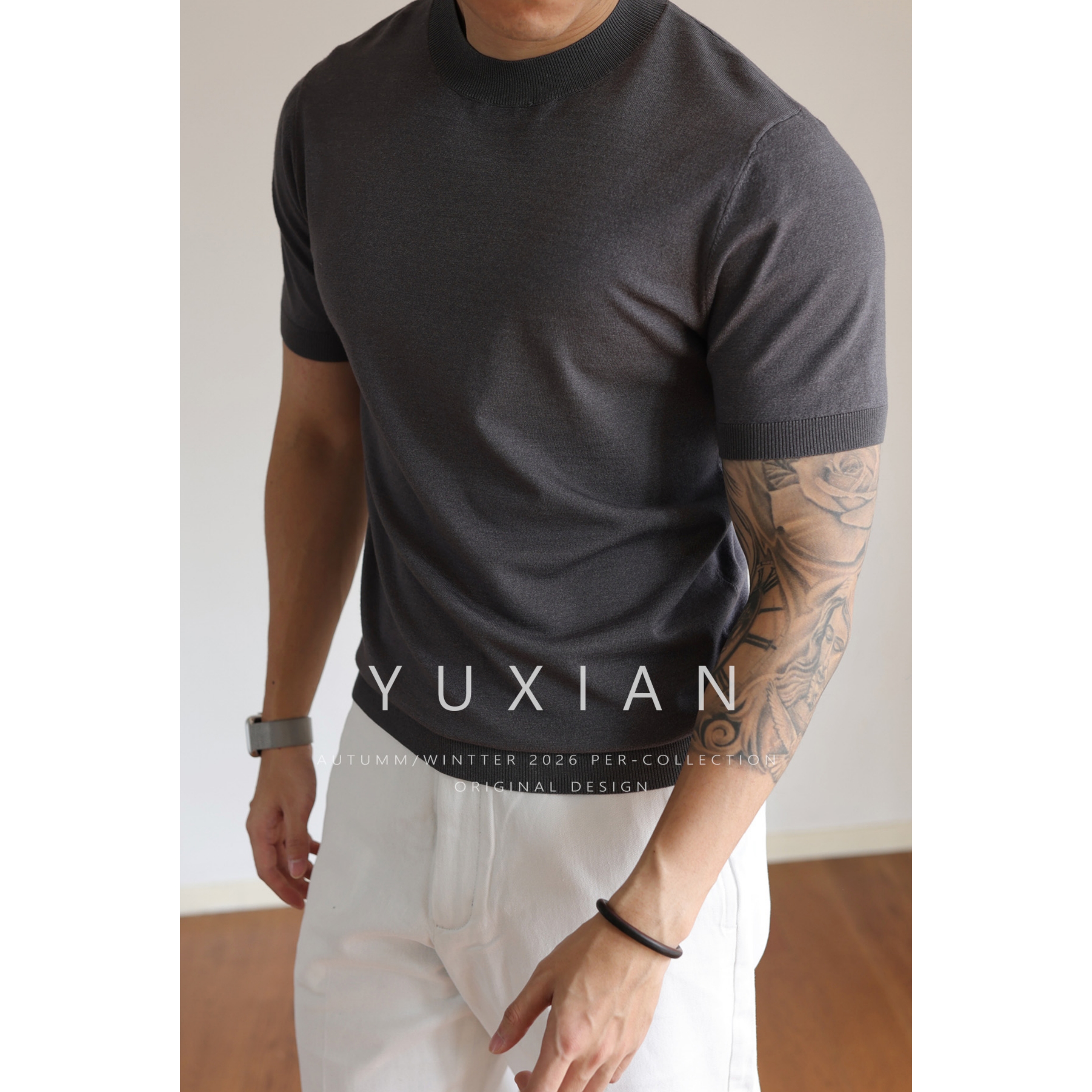 YUXIAN男士小圆领弹力针织短袖