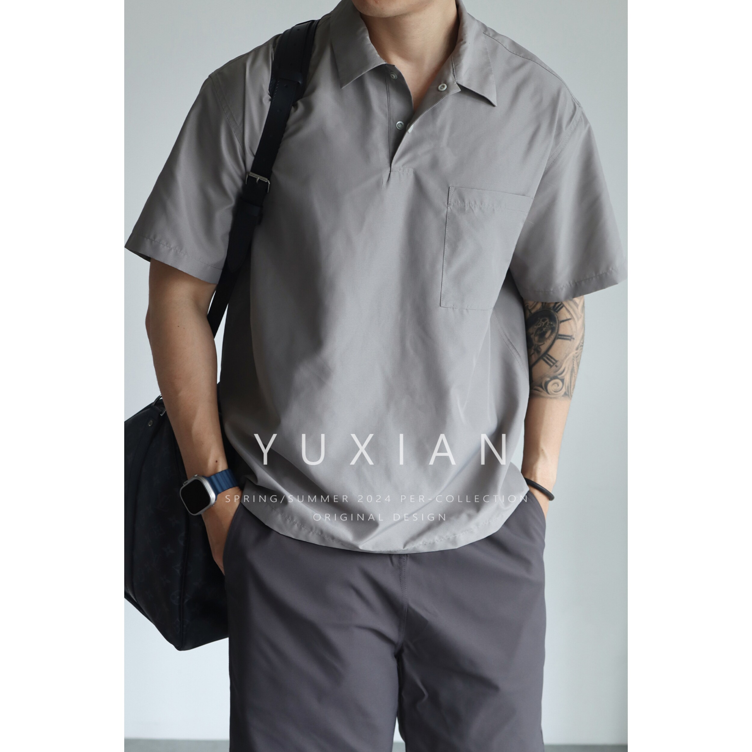YUXIAN速干轻量化暗格纹抗皱日系宽松POLO短袖薄款翻领男士春夏季