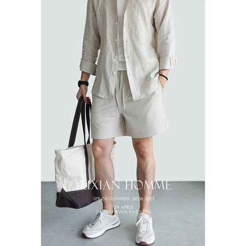 YUXIAN意式立体泡泡纱抽绳短裤男
