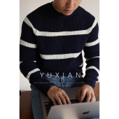 秋冬季 棉混纺条纹圆领套头毛衣纯色针织长袖 复古海魂衫 YUXIAN美式
