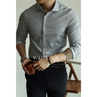 【奥地利兰精莫代尔】竖条纹商务休闲衬衫男士长袖透气修身春秋