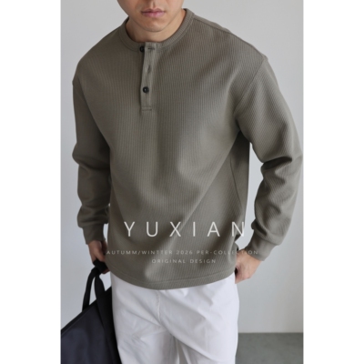 YUXIAN棉质蜂巢速干亨利领长袖