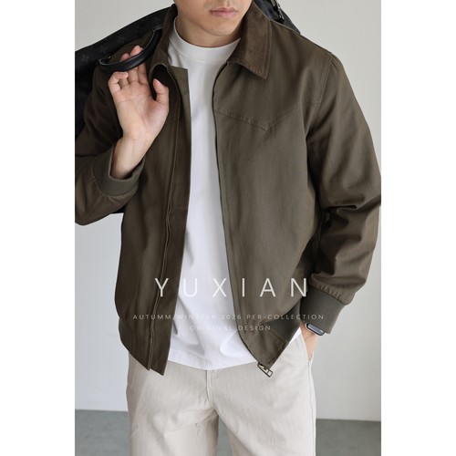 YUXIAN美式水洗棉质斜纹翻领外套