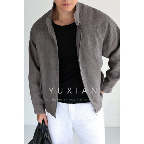 YUXIAN老钱纯亚麻哈灵顿夹克男秋