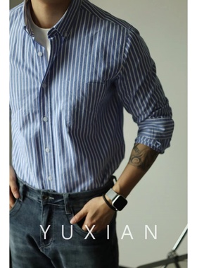YUXIAN余闲条纹百搭蓝色叠穿衬衫男长袖高级感商务休闲通勤纯棉帅