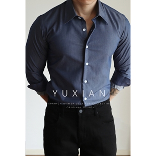 男士 YUXIAN抗皱易打理斜纹棉混纺牛仔色休闲商务翻领长袖 衬衫