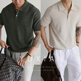 休闲商务T恤男士 老钱透气亚麻翻领针织短袖 意式 春夏 天丝亚麻
