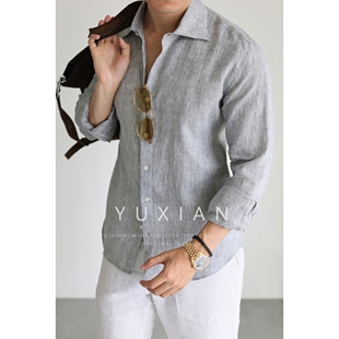 【双色亚麻】老钱透气100%纯亚麻色织长袖衬衫休闲商务男士春夏季