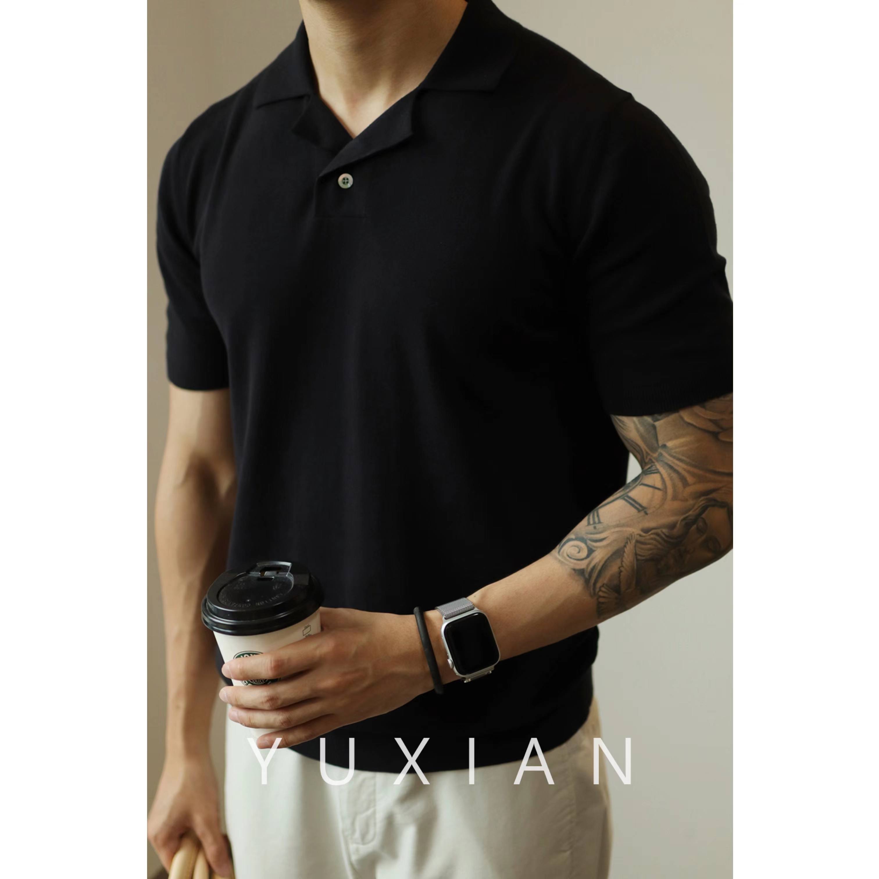 YUXIAN美式Polo男士针织短袖
