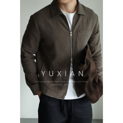 YUXIAN翻领秋冬亚麻棉混纺夹克