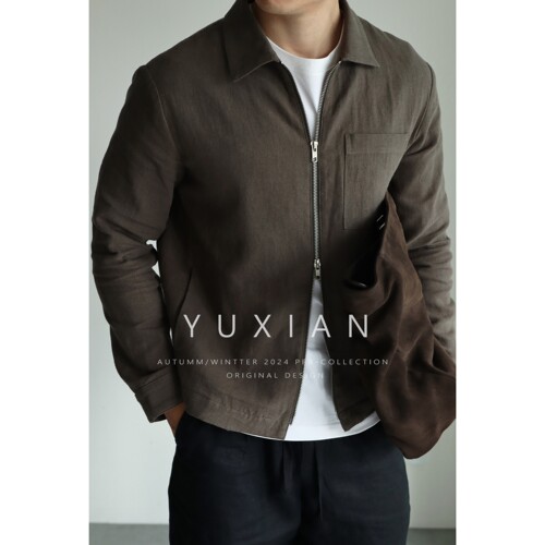 YUXIAN翻领秋冬亚麻棉混纺夹克