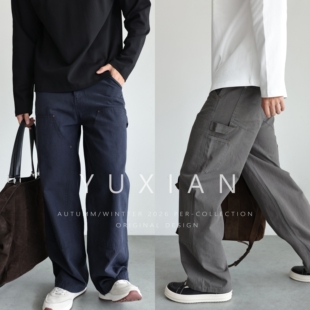 直筒伐木裤 YUXIAN美式 纯棉休闲长裤 裤 细珠地帆布直筒水洗宽松工装