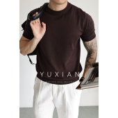 YUXIAN意式 圆领T恤弹力休闲商务纯色复古春夏 亚麻棉透气针织短袖