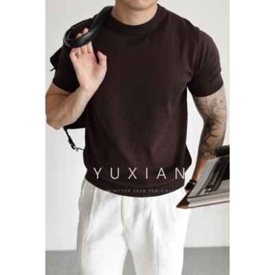 YUXIAN透气亚麻棉针织短袖T恤夏