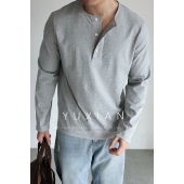 YUXIAN美式 款 精梳棉亨利领纯棉休闲长袖 T恤通勤百搭纯色透气四季