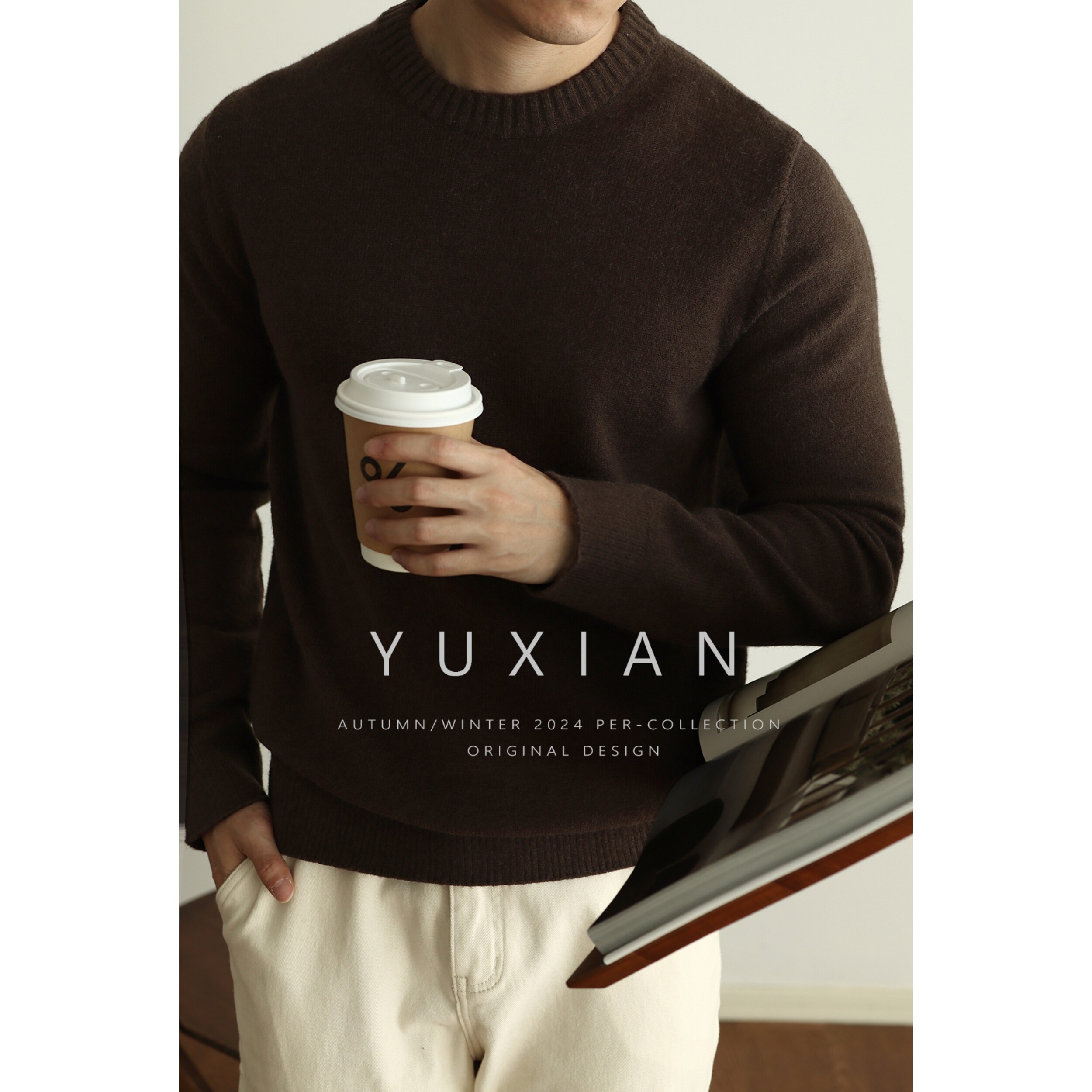 YUXIAN美式重磅羊毛混纺休闲商务中针距圆领毛衣保暖纯色通勤加厚