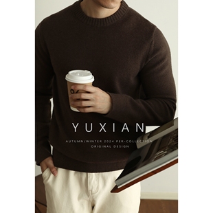 YUXIAN美式 重磅羊毛混纺休闲商务中针距圆领毛衣保暖纯色通勤加厚