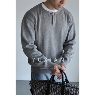 YUXIAN美式 秋冬 棉质重磅双面针织亨利领保暖套头毛衣休闲商务男士