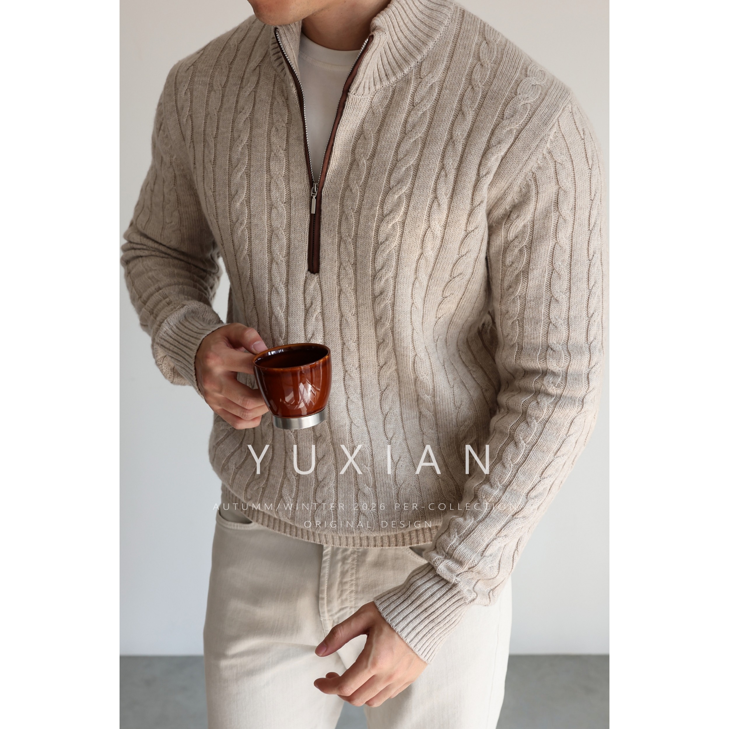 YUXIAN山羊绒羊毛半拉链纽花复古针织毛衣长袖套头休闲商务秋冬季