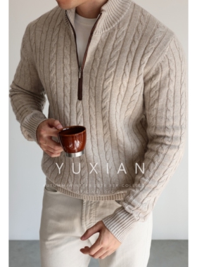 YUXIAN山羊绒羊毛半拉链纽花复古针织毛衣长袖套头休闲商务秋冬季