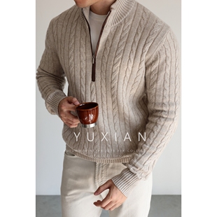 YUXIAN山羊绒羊毛半拉链纽花复古针织毛衣长袖套头休闲商务秋冬季