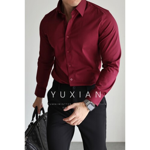 YUXIAN棉质混纺商务酒红色衬衫男