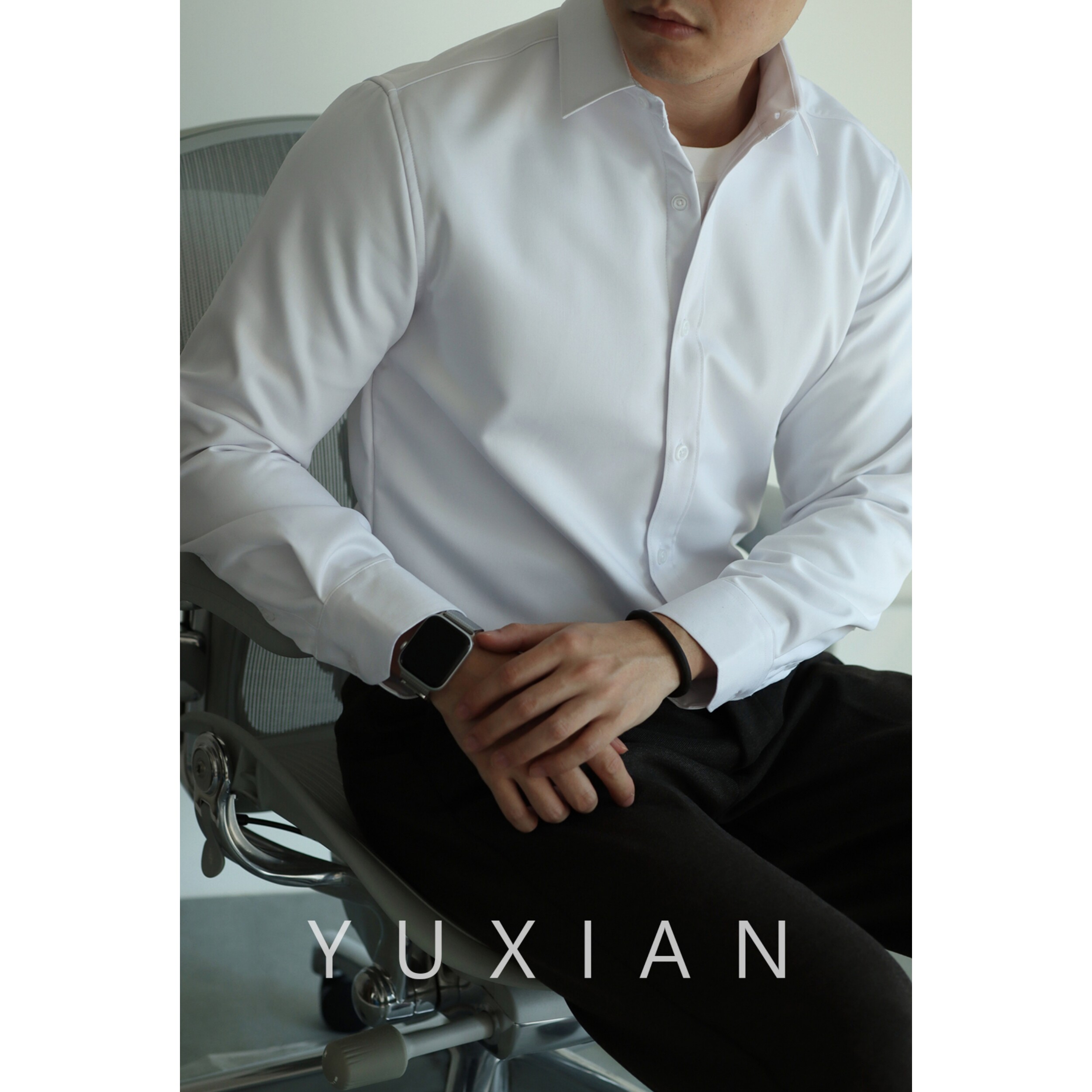 YUXIAN冬季免烫一体绒长袖衬衫保暖加厚合身修身纯色弹力休闲商务
