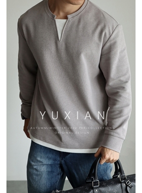 YUXIAN日系小毛圈V型棉混纺肌理感叠片假两件长袖T恤休闲卫衣男士