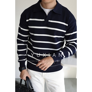 秋冬 条纹毛衣商务休闲男士 YUXIAN复古双股海魂衫 海鸥V领针织长袖