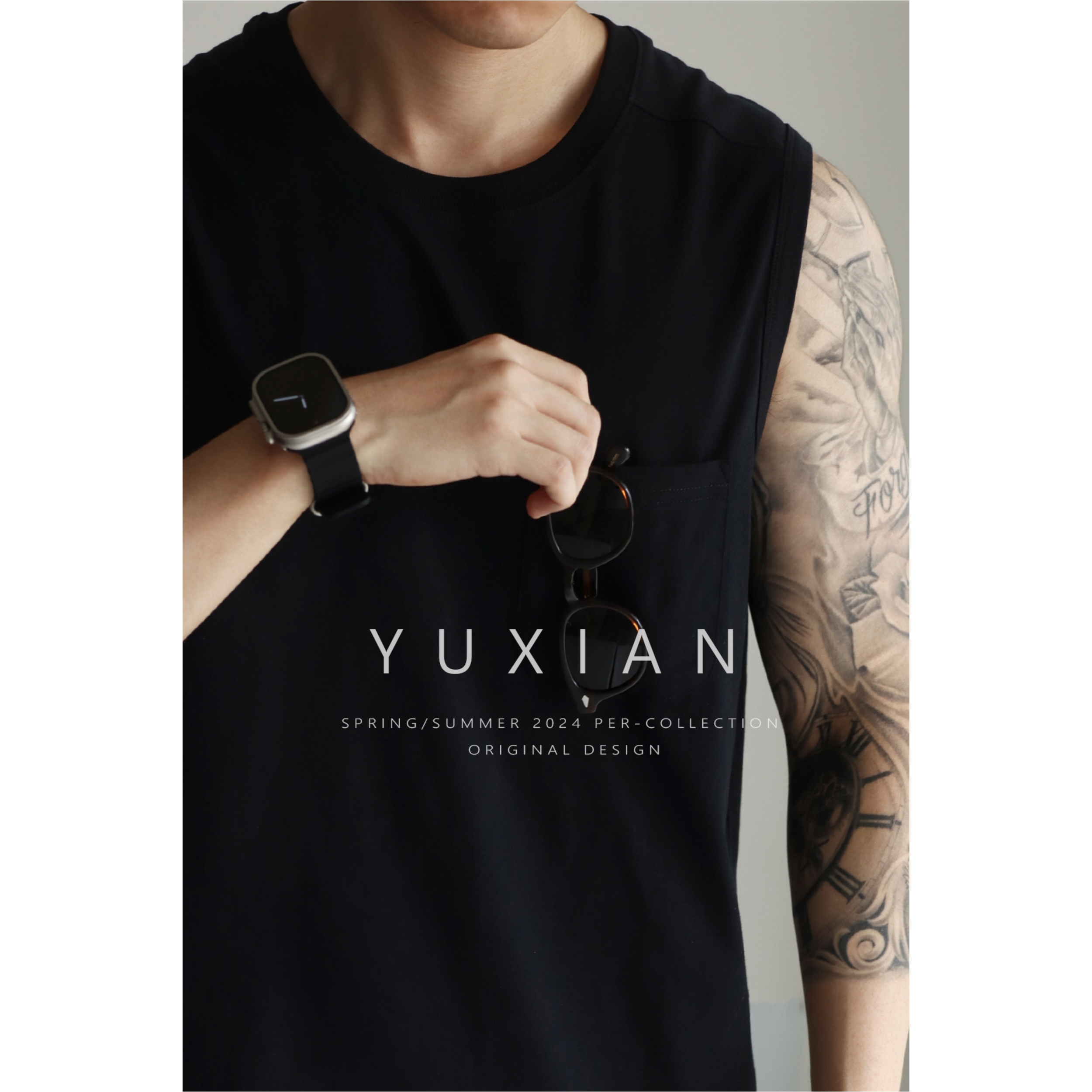 YUXIAN宽松口袋纯棉无袖背心春夏