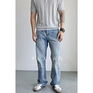 【日本冈山KUROKI】冰蓝自然复古洗水直筒微喇牛仔裤休闲长裤四季
