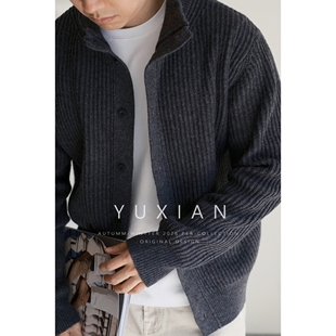 YUXIAN美式 休闲商务复古毛衣秋冬男 坑条羊毛混纺立领纽扣针织开衫