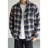 YUXIAN日系磨毛全棉法兰绒格纹翻领宽松长袖 衬衫 口袋衬衣保暖秋冬