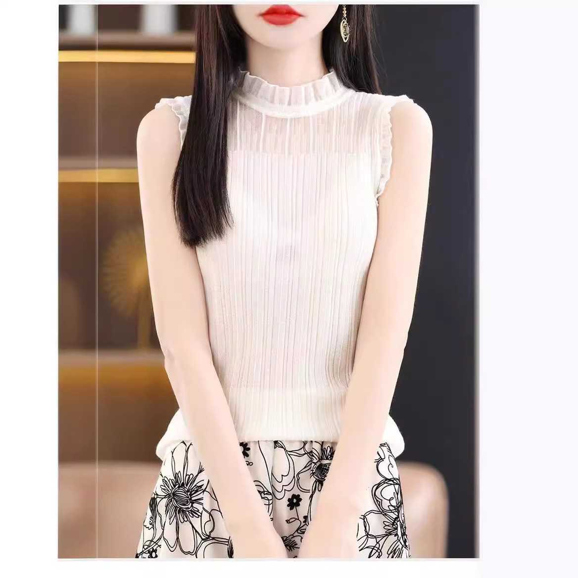 网纱半高领针织小吊带背心女内搭