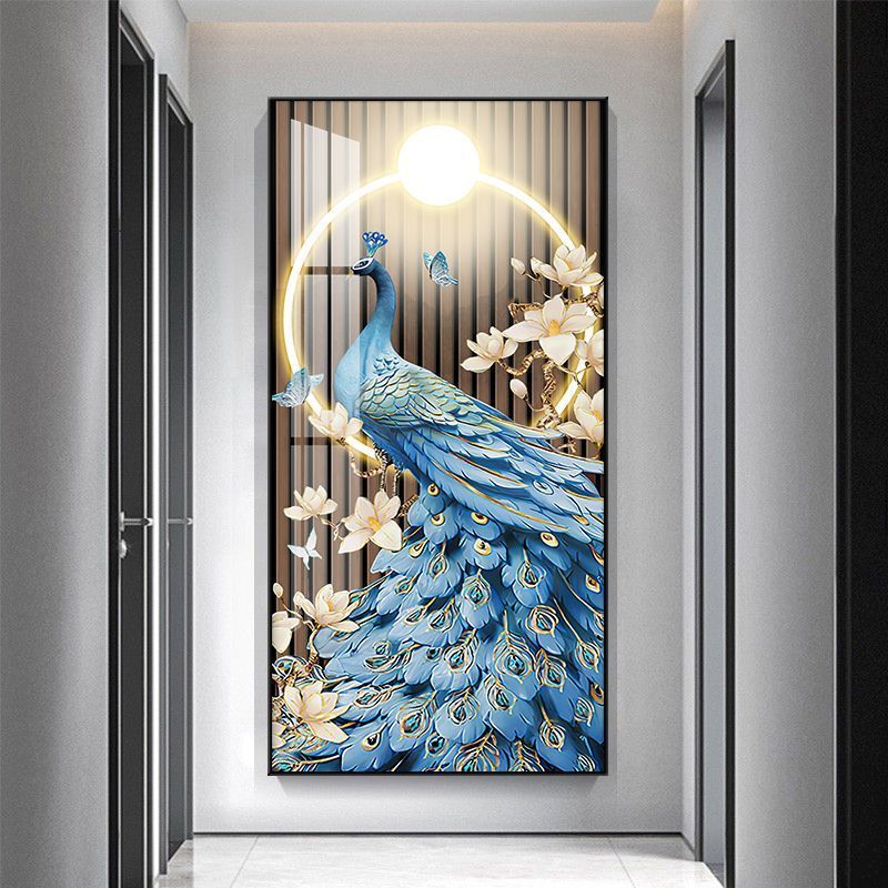 轻奢玄关装饰画现代简约入户门客厅走廊过道挂画抽象孔雀竖版壁画图片